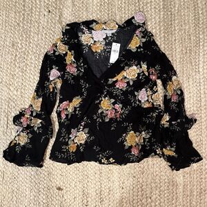 American Eagle Women Size Small Long Bell Sleeve Floral Black Top Blouse